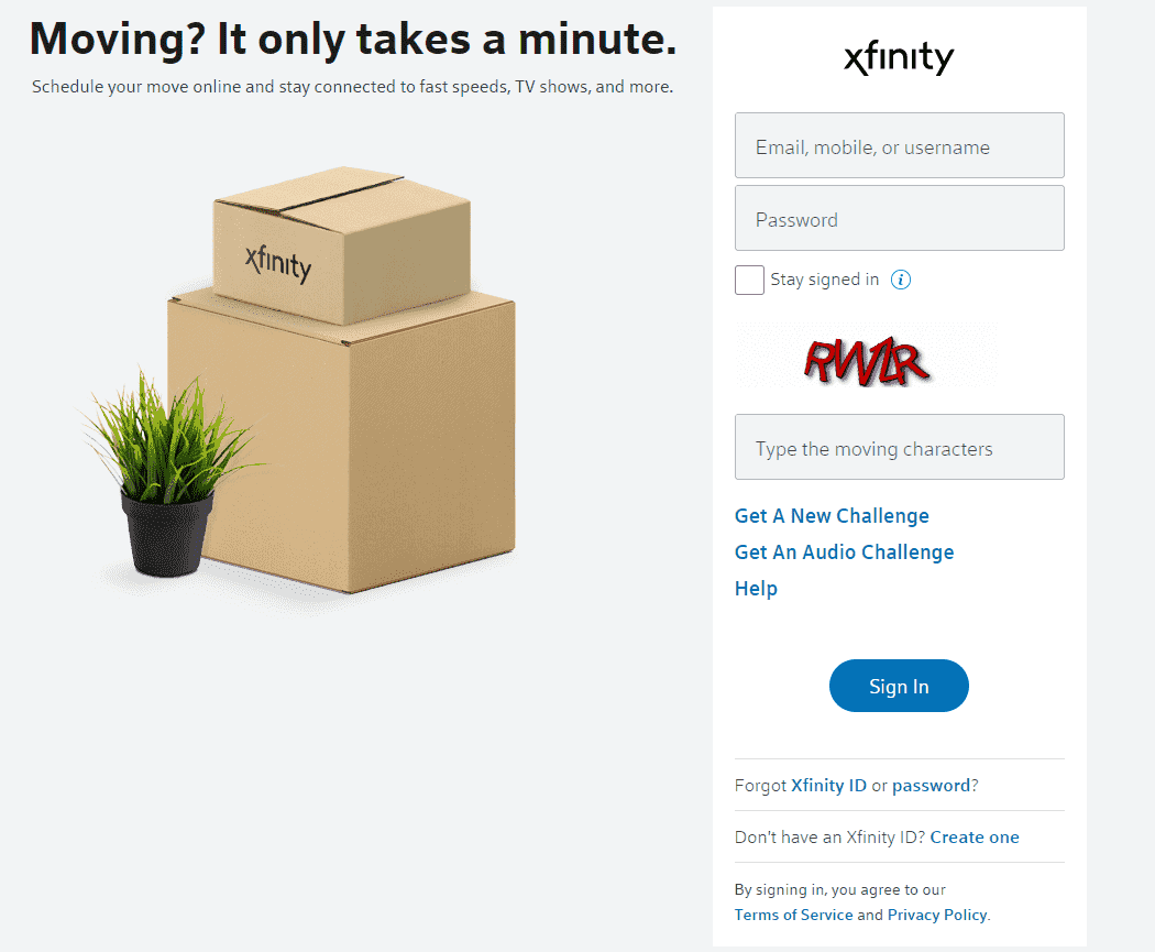 xifinity move service  my account