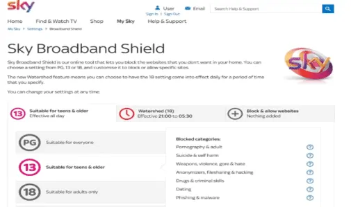 sky broadband shield settings