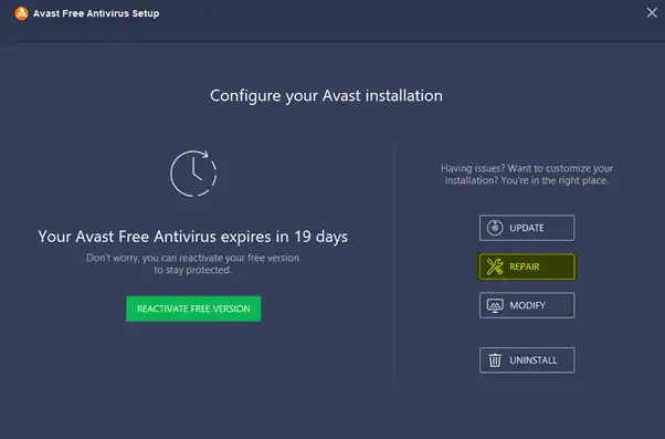 repair the avast antivirus