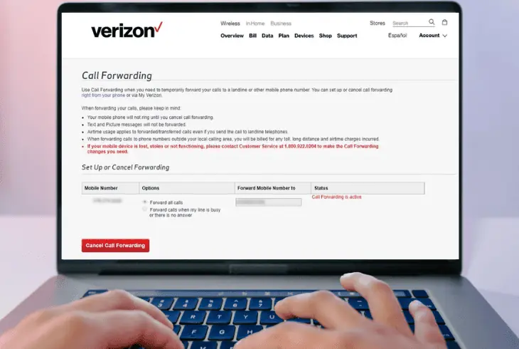 cancel the call forwarding on verizon line