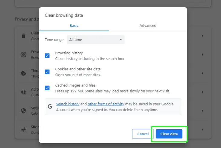 clear your browser’s cache data