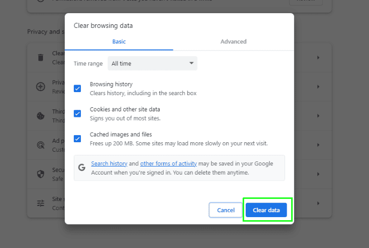clear the browsers cache and cookies