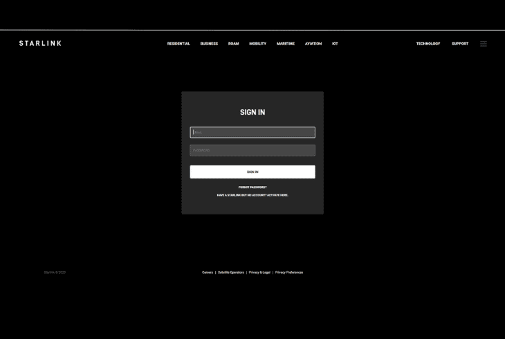 sign in to your starlink account