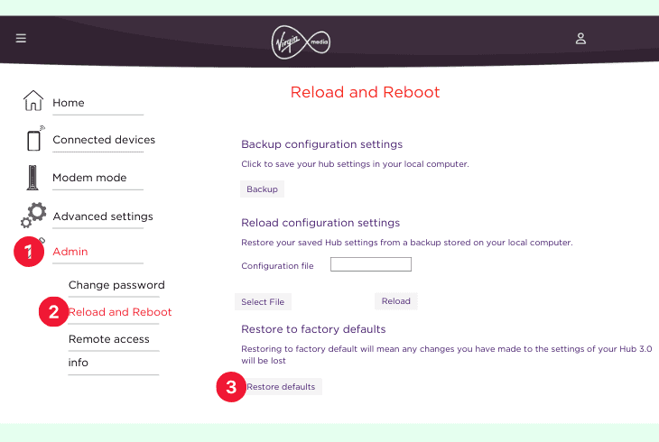 factory reset via the admin portal