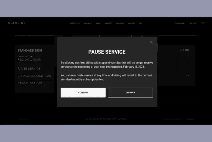 pause your starlink rv service