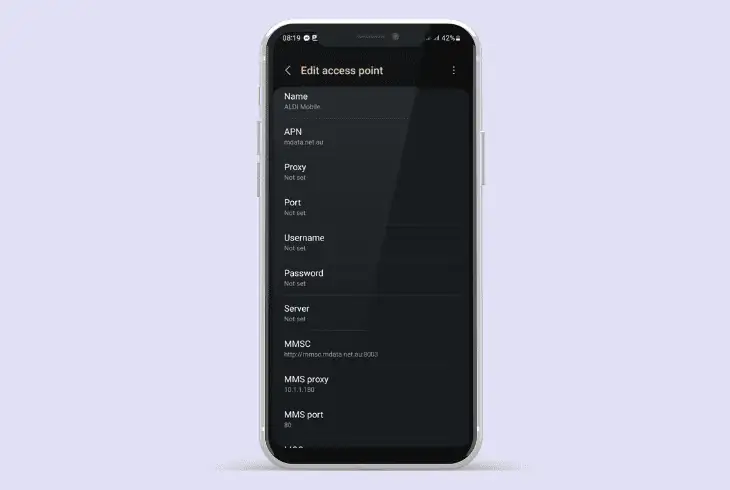 correct your aldi mobile apn