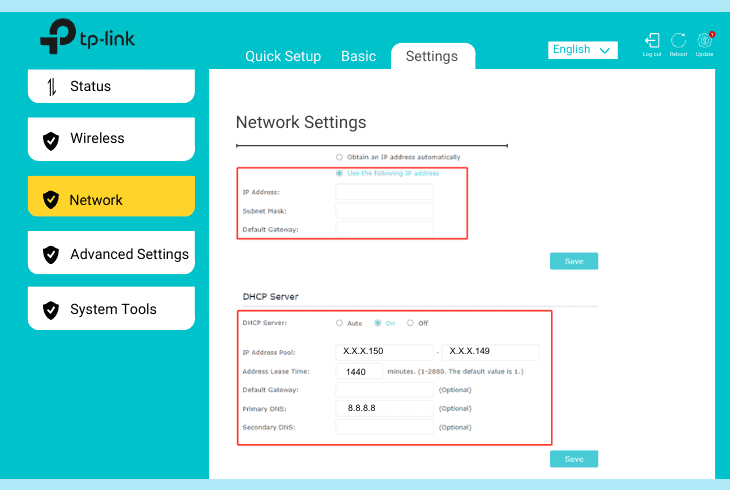 change the dhcp settings