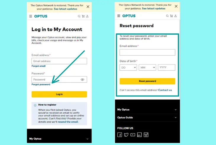 reset the optus app password