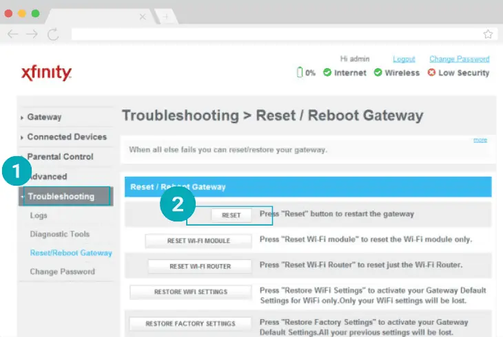 restart xfi gateway via website